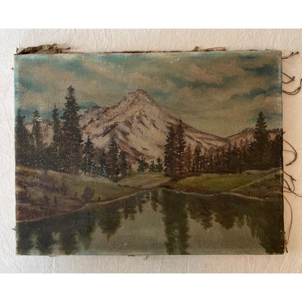 Vintage Distressed Charm Moody Mountain Landscape Oil Painting on Canvas 12"x16"